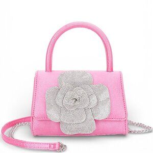BNWT Brand New Rhinestone Embellished Flower Top Handle Satin Clutch Bag
